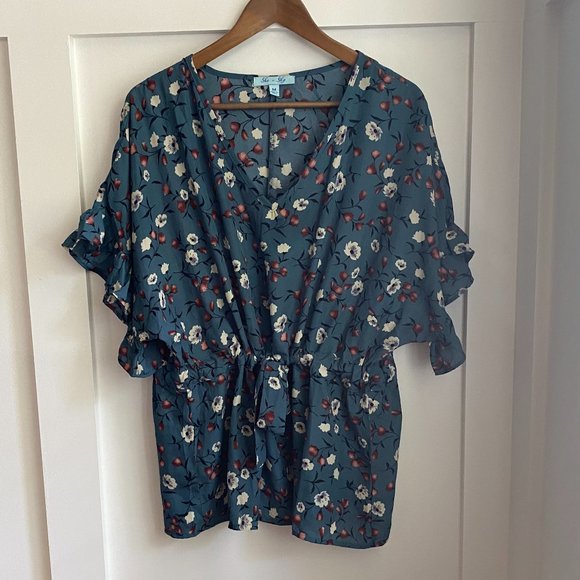 She + Sky Floral V Neck Blouse, Medium - Picture 2 of 6